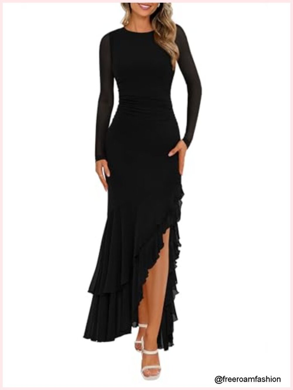 Long Sleeve Ruched Bodycon Maxi Dress with Ruffle Slit, Cocktail, Wedding Guest